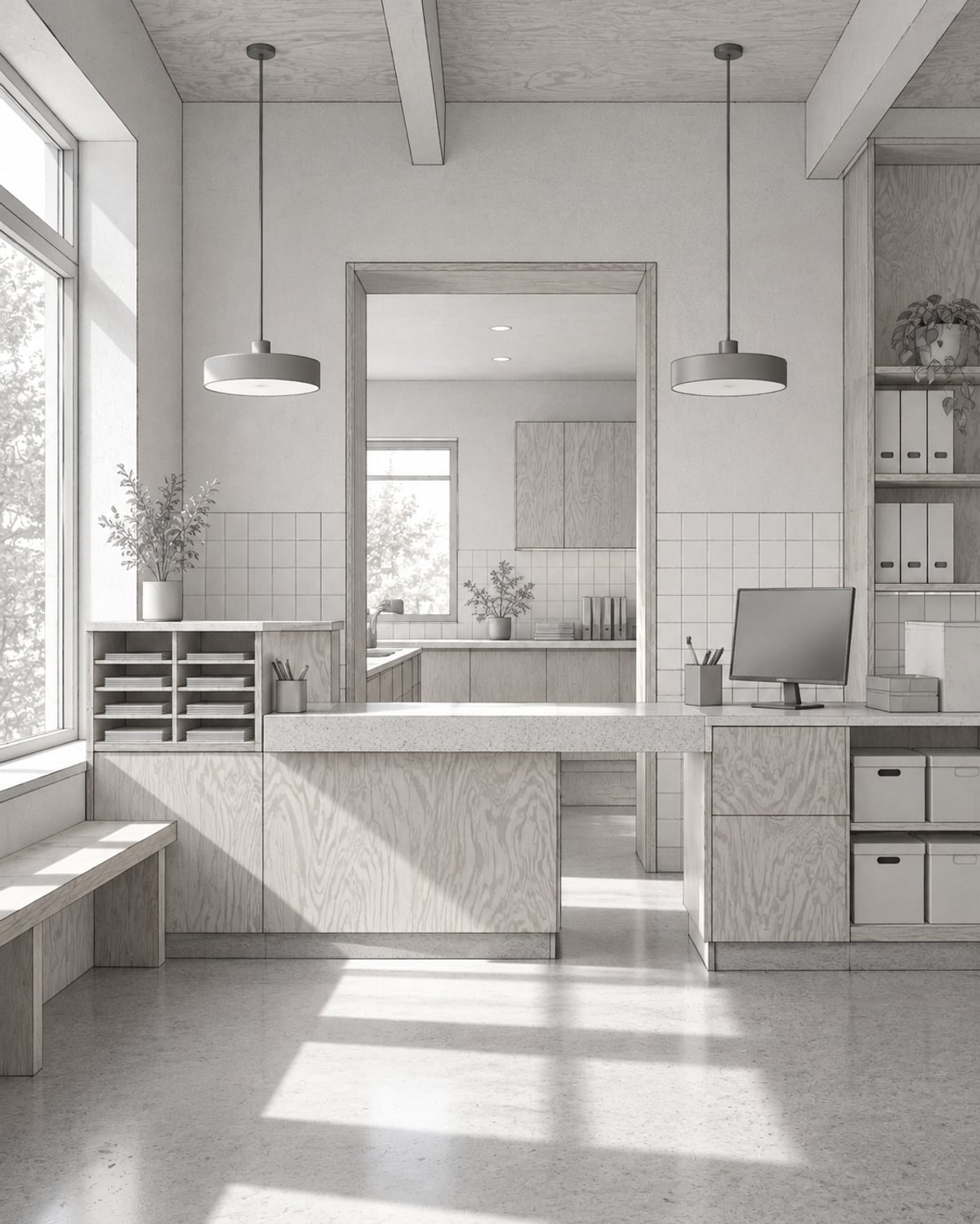 Monochrome Illustration eines hellen Verwaltungsraums mit Tresen, Ablagen und zwei verbundenen Arbeitsbereichen.