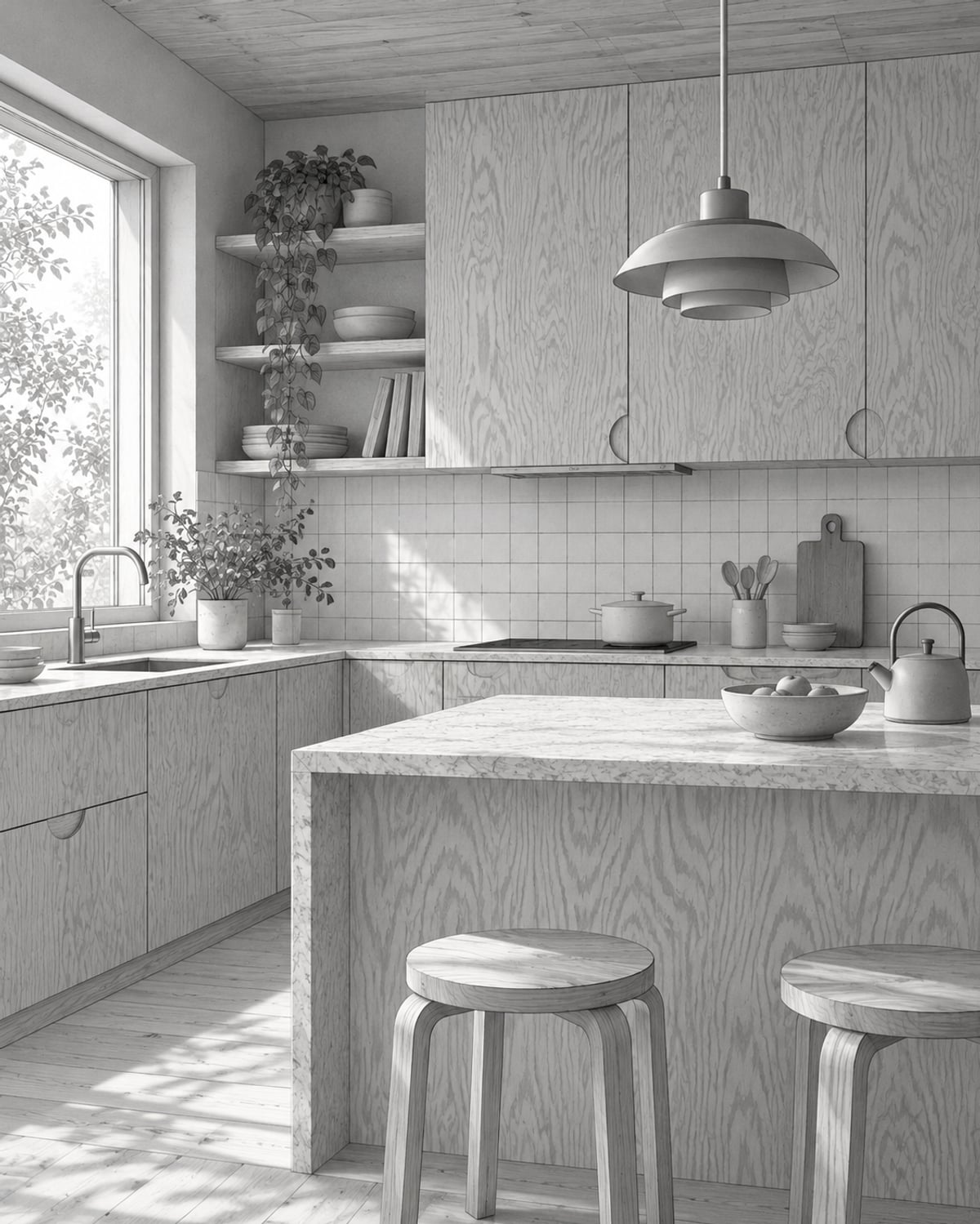 Monochrome Illustration einer schlichten Küche mit gerasterten Fliesen und wenigen Alltagsgegenständen.