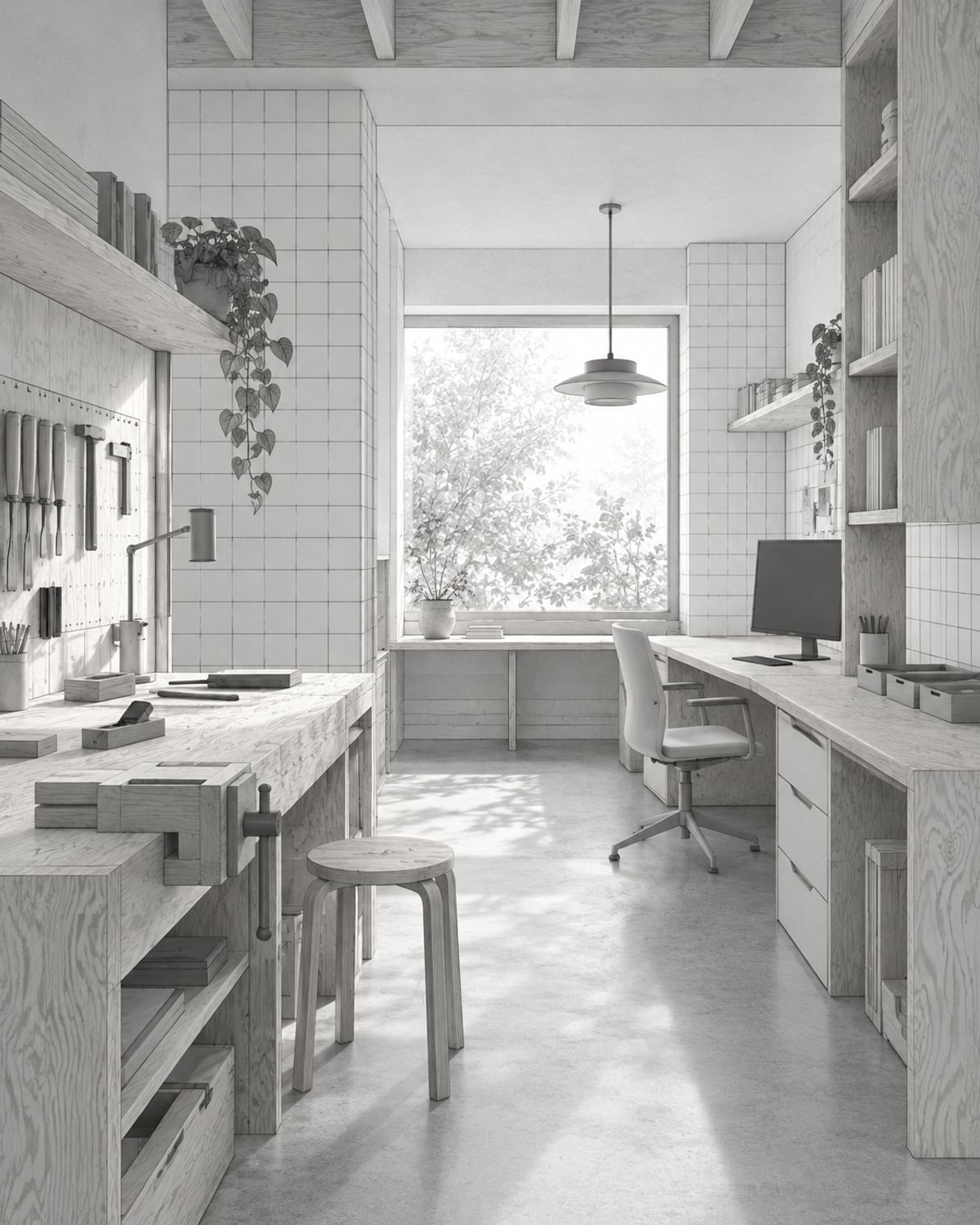 Monochrome Illustration einer Werkstatt und einer Bürofläche mit einer gemeinsamen hellen Arbeitsplatte.