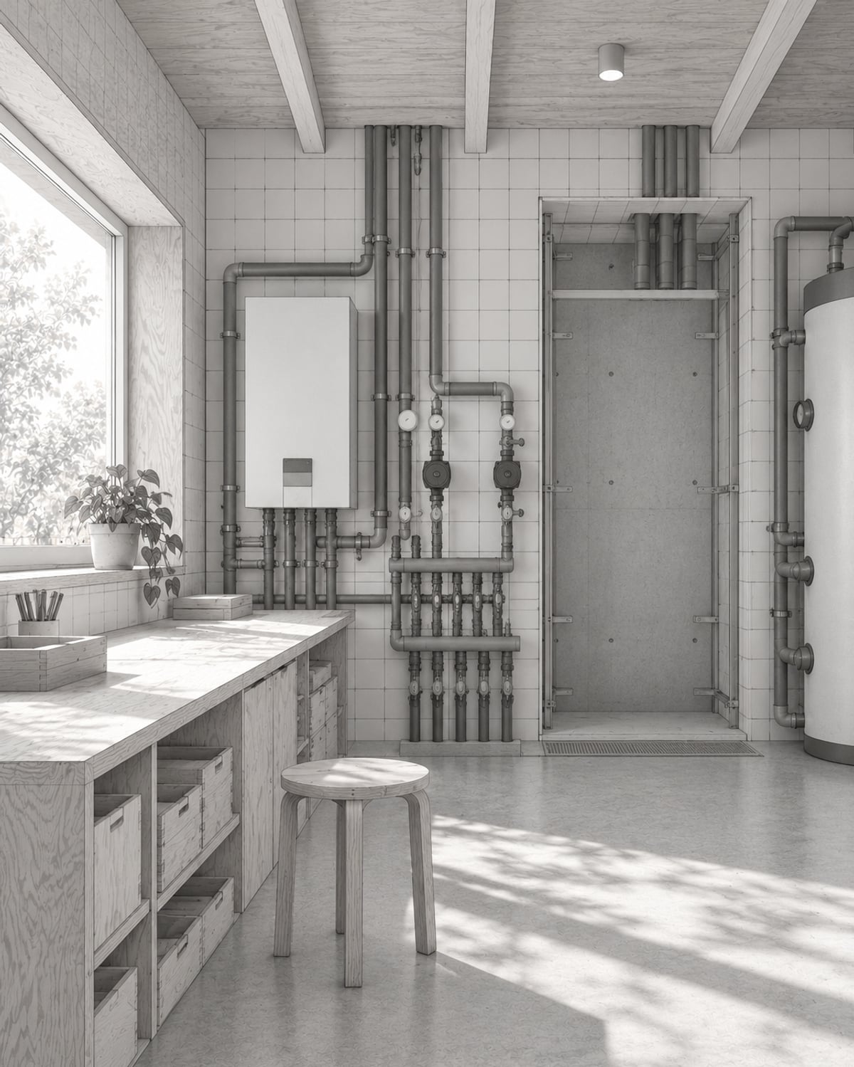 Monochrome Illustration eines gemeinschaftlichen Versorgungsraums mit geordneten Anschlüssen und einer freien Fläche für eine Erweiterung.