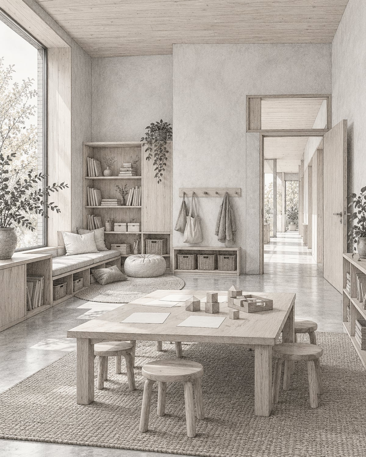 Monochrome Raumillustration eines offenen Grundschul-Ganztagsraums mit Aktivitätstisch, Leseecke und Blick in den Flur.
