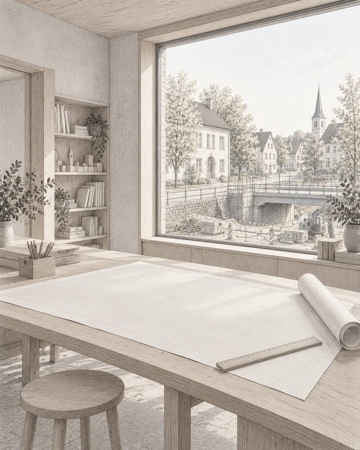 Graphitillustration eines kommunalen Planungsraums mit leerem Straßenplan auf dem Tisch und einer Straßen- und Brückenbaustelle vor dem Fenster.
