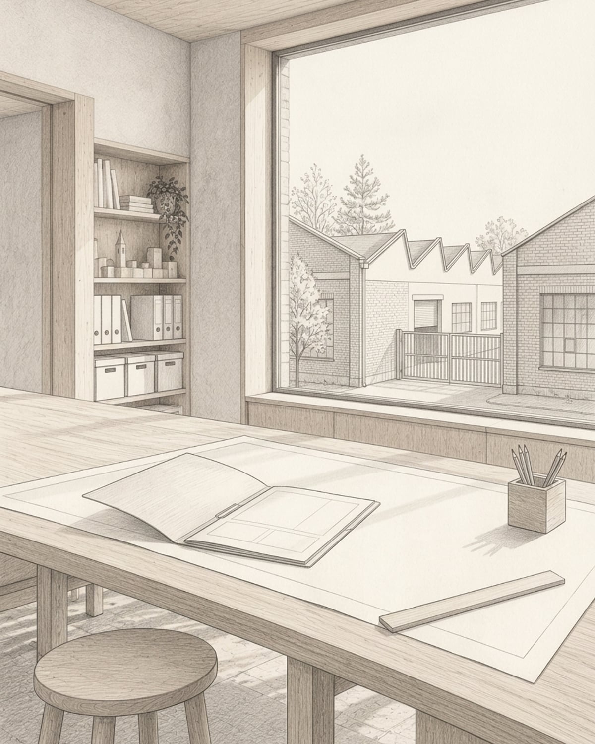 Graphitzeichnung eines kaufmännischen Besprechungsraums mit leerem Gliederungsplan auf einem Holztisch und Blick durch hohe Fenster auf ein ruhiges Gewerbeareal.